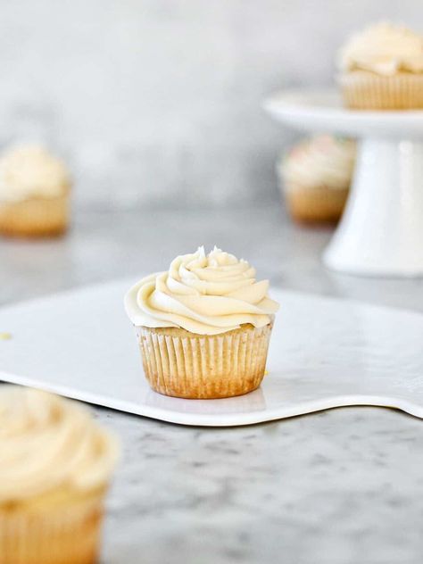 Vanilla cupcake topped with almond frosting. Almond Vanilla Cupcakes, Almond Buttercream Frosting, Almond Frosting, Almond Buttercream, Homemade Frosting, Soft Sugar Cookies, A Birthday Cake, Buttercream Recipe, Different Cakes