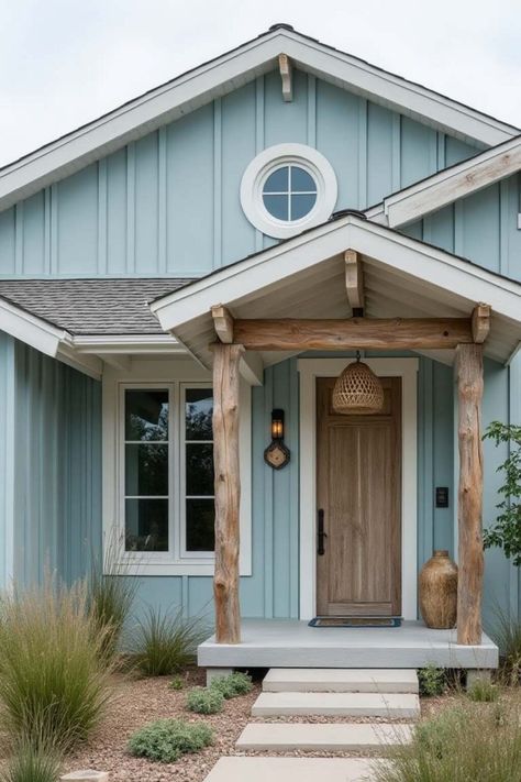 15+ Stunning Board and Batten Exterior Ideas You’ll Want for Your Dream Home! - Boost Your Curb Appeal! Batten Siding Exterior, Blue Barndominium Exterior, Board And Batten Siding Exterior, Blue Ranch House Exterior, Small Bungalow Exterior, Blue Beach House Exterior, Light Blue House Exterior, Blue Farmhouse Exterior, Blue Siding House