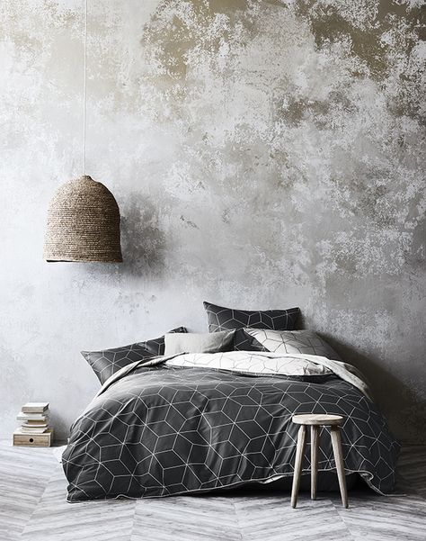 Style Deco, Wallpaper Bedroom, Quilt Cover Sets, Concrete Wall, Wall Deco, Luxurious Bedrooms, Interior Walls, Minimalist Home, Quilt Cover