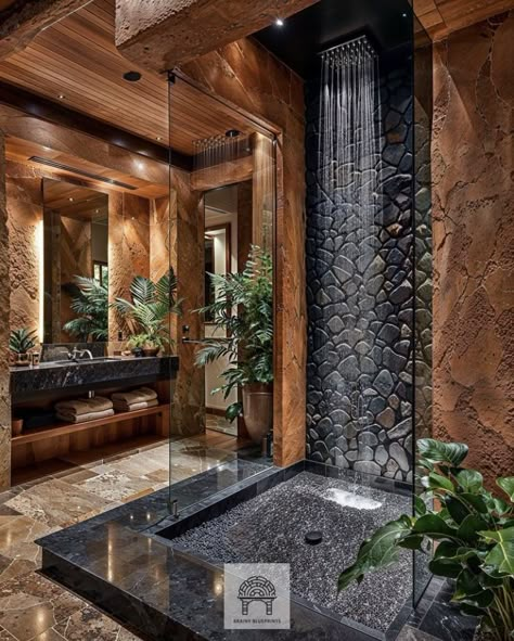 Open Air Shower Ideas, Enchanted Bathroom Ideas, Bathroom Retreat Ideas, Waterfall Shower Ideas, Bathroom Ideas Nature, Bathroom With Rock Wall, Rainforest Shower Ideas, Rainforest Theme Bathroom, Rock Bathroom Ideas