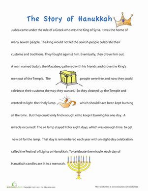 Hanukkah Preschool Comprehension Community & Cultures Worksheets: Story of Hanukkah for Children Hanukkah Worksheets, Hanukkah Lessons, Story Of Hanukkah, Hanukkah Preschool, Story Worksheet, Hanukkah Activites, Hanukkah Traditions, Hanukkah For Kids, Hanukkah Decor