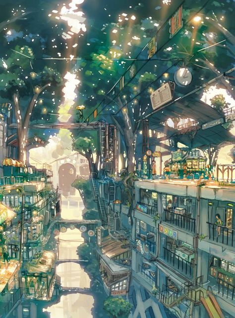 17-Teikoku-Shounen-Architectural-Drawings-in-Color-and-Black-and-White-www-designstack-co Forest City, Fantasy City, Fantasy Places, Wow Art, 판타지 아트, Environment Design, Environment Concept Art, Blade Runner, Environmental Art