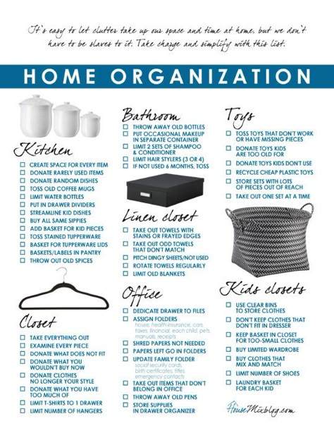 Organization Checklist, Interior Design Minimalist, House Cleaning Checklist, Organisation Hacks, Printable Checklist, Household Organization, Household Cleaning Tips, Home Management, Home Organisation