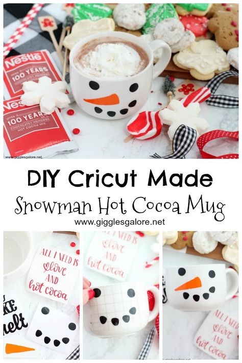 Diy cricut made snowman hot cocoa mug you can make in minutes!  #cricut #cricutmade #diy #giftidea #diygift #gigglesgalore #crafts Snowman Hot Cocoa, Wine Bottle Gift Tags, Bottle Gift Tags, Diy Hot Cocoa, Creative Party Ideas, Winter Holiday Crafts, Creative Holiday Gifts, Silver Christmas Decorations, Christmas Wine Bottles