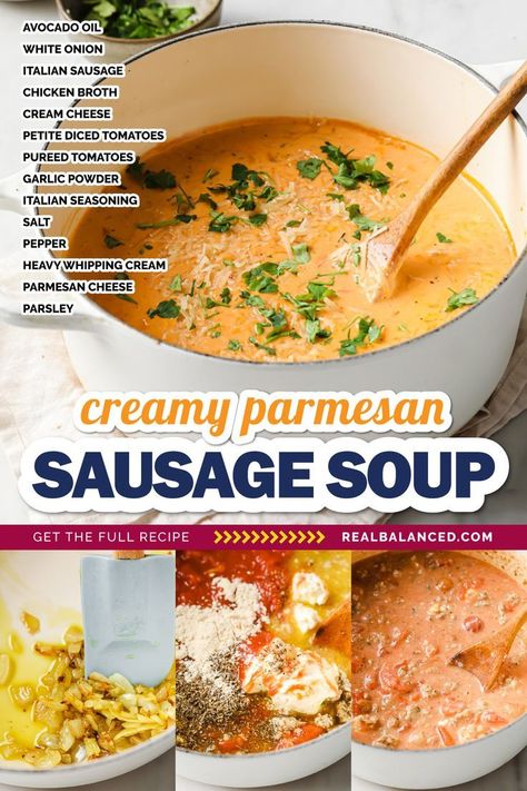 This Creamy Keto Italian Sausage Soup is a one-pot dish that can be made in 30-minutes and features Italian sausage browned with onions until fragrant. Add some cream cheese, tomatoes, and heavy whipping cream to give this soup its delicious creamy texture. Sprinkle it with Parmesan cheese and fresh parsley, and you'll have a warm cozy soup that the whole family will love! #realbalancedblog #30minutesoup #lowcarbsoup Parmesan Sausage Soup, Keto Italian Sausage Soup, Creamy Italian Sausage Soup, Keto Italian, Sausage Parmesan, Sausage Soup Recipes, Cream Soup Recipes, Parmesan Soup, Low Carb Soup Recipes