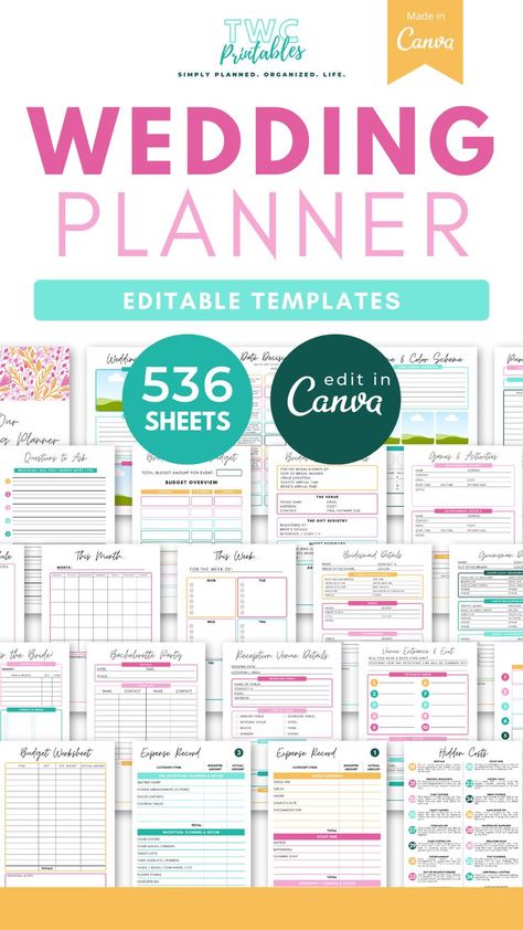 This is it! The editable wedding planner templates for Canva! With over 530 sheets to edit, the wedding binder template for Canva contains everything you need to plan your dream wedding. Use these templates to create your own wedding planner binder, or edit and print everything out to create a complete wedding binder! Simply edit this template with Canva! It comes in bright colors, but you can change everything in these templates from fonts, colors, elements, shapes, layouts, and more! Wedding Planner Printable, Binder Templates, Free Wedding Planner, Wedding Planner Binder, Wedding Binder, Canva Wedding, The Wedding Planner, Schedule Organization, Wedding Planner Printables