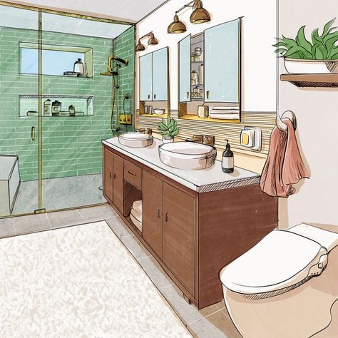 Bathroom Color Design, Bathroom Colors 2023, Bathroom Color Palettes, Bathroom Sketch, Bathroom Color Ideas, Croquis Architecture, Bathroom Drawing, Interior Architecture Sketch, Interior Design Sketchbook