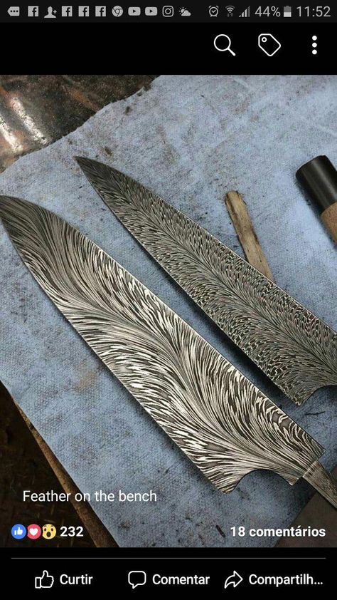 Feather Damascus, Damascus Patterns, Cool Pocket Knives, Trench Knife, Hantverk Diy, Knife Making Tools, Pretty Knives, Damascus Blade, Forged Knife