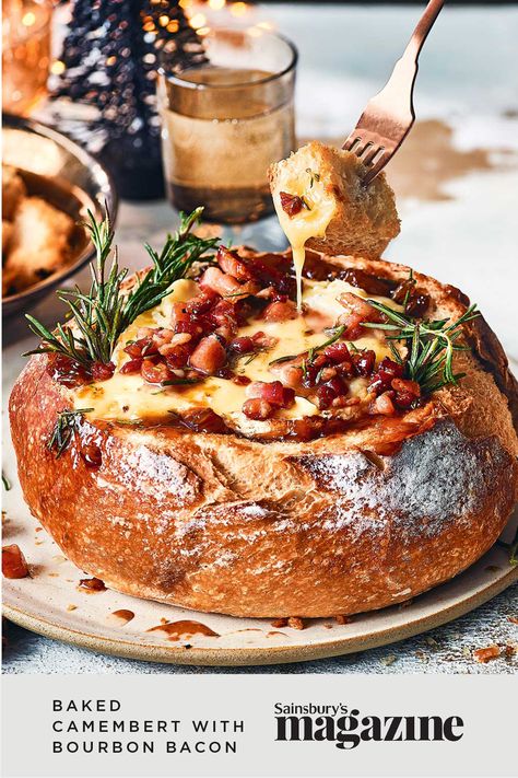 What better way to kick off a party than with a bread bowl full of oozing melted cheese topped with sweet and salty bacon bits? Grab a crispy crouton and get dipping! Get the Sainsbury's magazine recipe Bread Bowl Recipe, Baked Camembert, Brown Sugar Bacon, Bacon Recipe, Appetizers Easy Finger Food, Bread Bowl, Party Food And Drinks, Bread Bowls, Xmas Food