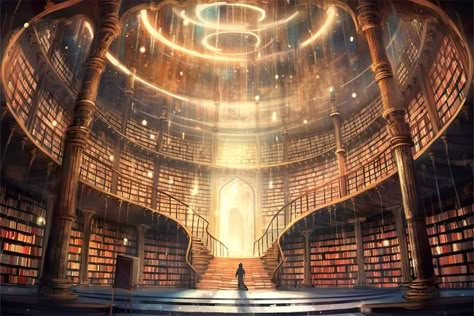 Library Of Alexandria Art, Magic Library Concept Art, Ancient Library Fantasy Art, Ancient Library Aesthetic, Fantasy Library Art, Library Fantasy Art, Ancient Libraries, Futuristic City Utopia, Library Hall