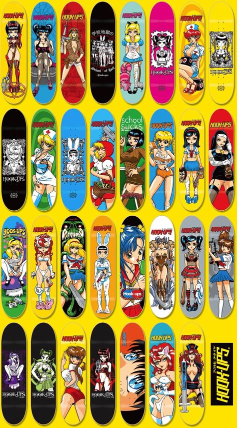 HOOKUPS cartoon hottie skateboards collection Hook Ups Skateboards, Bones Brigade, Tech Deck, Old School Skateboards, Skateboard Deck Art, Custom Skateboards, Skate And Destroy, Skateboard Art Design, Skate Shop