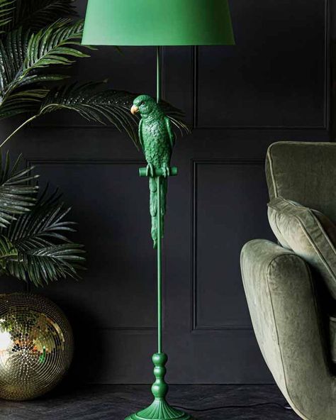 Rockett St George on Instagram: “Happy Friday! Look at this gorgeous green parrot! 🦜💚What name do you think we should give it? Comment your suggestions below. . . .…” Floor Lamp Maximalist, Funky Lamps Unique, Unique Floor Lamp, Maximalist Lamp, Green And Gold Home Decor, Parrot Lamp, Unusual Floor Lamps, Green Floor Lamp, Green Lamps