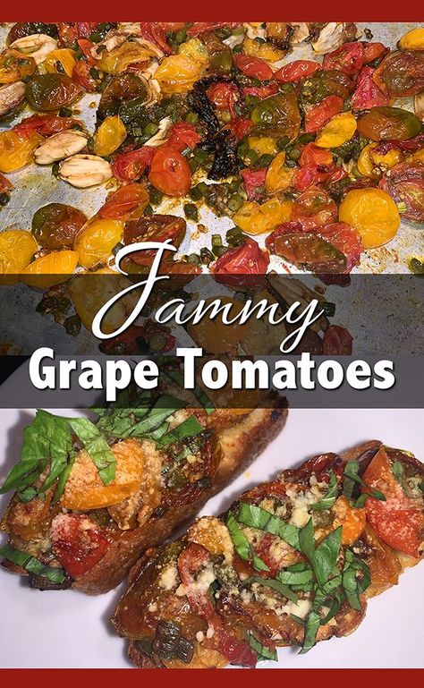 Jammy describes the way these tomatoes collapse, thicken and sweeten when they’re roasted in the oven. Simple Magic, Garlic And Olive Oil, Garlic Scapes, Easy Magic, Grape Tomatoes, Cherry Tomatoes, The Oven, Garlic Cloves, Tomatoes