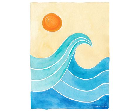 beach waves Sunrise Artwork, Art Plage, Ocean Waves Art, Beach House Art, Simple Canvas Paintings, Cute Canvas Paintings, Easy Canvas Art, Soyut Sanat Tabloları, Watercolor Paintings Easy