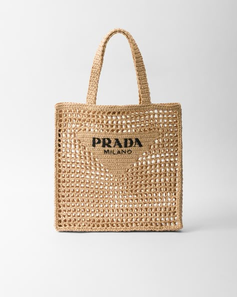 Natural Crochet Tote Bag | PRADA Economics Student, Crochet Logo, Bag Closet, Investment Bags, Dream Items, Prada Tote Bag, My Style Bags, Luxury Bags Collection, Prada Nylon