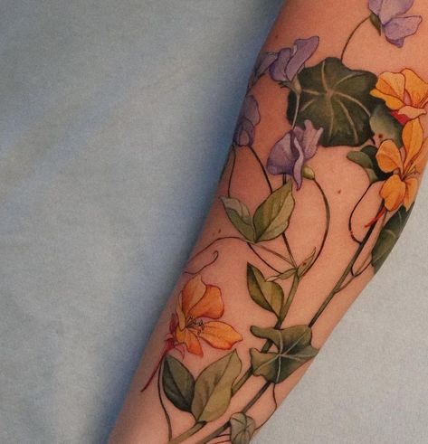 Botanical Veins / Mountain Flowers ••• Thank you Jessica for being such a treasure and for the fun session! ••• done at… | Instagram Nasturtium Tattoo, Vanessa Core, 2024 Tattoo, Flower Tat, Mountain Flowers, Asian Flowers, Floral Tattoos, Tattoo Flowers, Botanical Flower Art