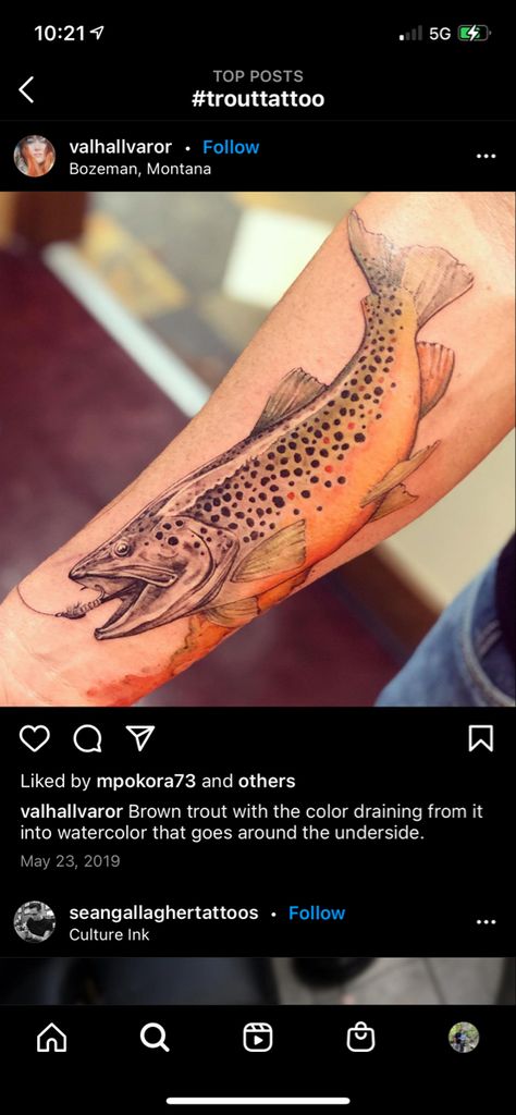 Trout Fish Tattoo Women, Trout Tattoo Design, Small Trout Tattoo, Bass Fish Tattoo For Men, Trout Tattoos For Men, Fishing Tattoo Ideas, John Tattoo, Serotonin Tattoo, Trout Tattoo