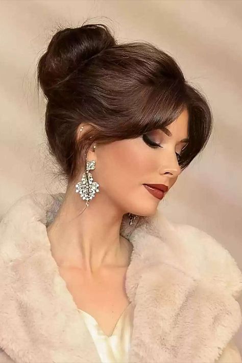 Brunette Soft Upstyle with Curtain Fringe Updos With Bangs, Updo With Bangs, Jayne Matthews, Bangs Updo, Wedding Hair Bangs, Bridal Hair Up, Haircuts Trendy, Growing Out Bangs, Elegant Updos