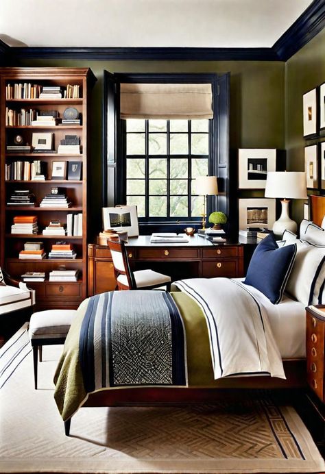 How to Create a Multipurpose Home Office and Guest Room. Guest bedroom office combo. Guest bedroom/office. Bedroom office combo. Bedroom office ideas. Office bedroom combo. green walls. brown walls. desk in bedroom. navy. white. bookcase. Desk In Bedroom, Multipurpose Home Office, Guest Bedroom Office Combo, Office Bedroom Combo, Bedroom Office Combo, Bedroom Navy, Bedroom Office Ideas, Office And Guest Room, Guest Bedroom/office