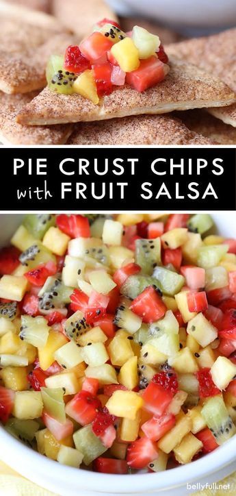 Sugar and cinnamon covered pie crust chips, served with a bright and fresh fruit salsa is the best summer snack ever! #piecrustchips #piechips #piecrust #fruitsalsa #fruitsalsaandcinnamonchips #summersnacks #summerdessertseasy Inexpensive Work Lunches, Fruit Sides For Dinner, Unique Appetizer Recipes, Fresh Fruit Snacks, Summer Snacks For Party, Pie Crust Chips, Lake Snacks, Pie And Chips, Fun Easy Desserts