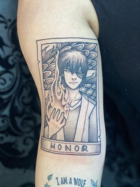 Black and white tattoo of Prince Zuko on a tarot card. He is holding a flame in his hand with a dragon in the background. The card is titled "honor". Zuko Tattoo, Atla Tattoo, Tarot Tattoo, Prince Zuko, Funky Tattoos, Your Honor, Piercing Tattoo, Tattoos And Piercings, Triangle Tattoo