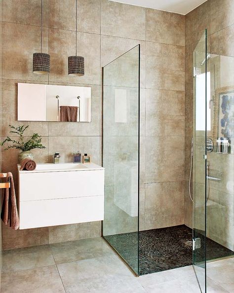 #Bathroom Shower Cabin Design, Small Bathroom With Corner Shower Ideas, Corner Shower Ideas, Shower Cabins, Large Tiles, Deep Clean Bathroom, Eclectic Apartment, Tiled Wall, Bathroom Large