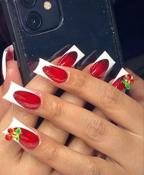 Cherry Duck Nails, Red Shorties Nails, Red With White Tip Nails, Red White French Tip Nails, Red Nails White Tips, Red Nails With White Tips, Nails With Cherry Charms, Short Acrylic Nails Red, French Tip Cherry Nails