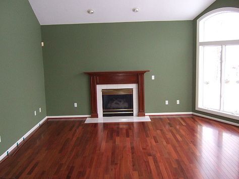 [Real Homes] Green living room: Benjamin Moore's 'Great Barrington Green' by xJavierx, via Flickr Wood Paneling Living Room, Cherry Wood Floors, Real Homes, Kitchen Paint Colors, Green Walls, Home Design Living Room, Living Room Green, Living Room Remodel, Green Rooms