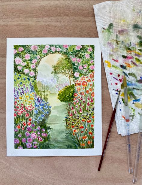 Created with Winston & Newton watercolors. #garden #watercolor #watercolorlandscape #watercolorflorals #paint Secret Garden Watercolor, Garden Watercolor Painting, Paintings Tutorials, Garden Watercolor, Garden Painting, Watercolor Paintings Tutorials, Gouache Painting, Watercolor Landscape, Painting Tutorial