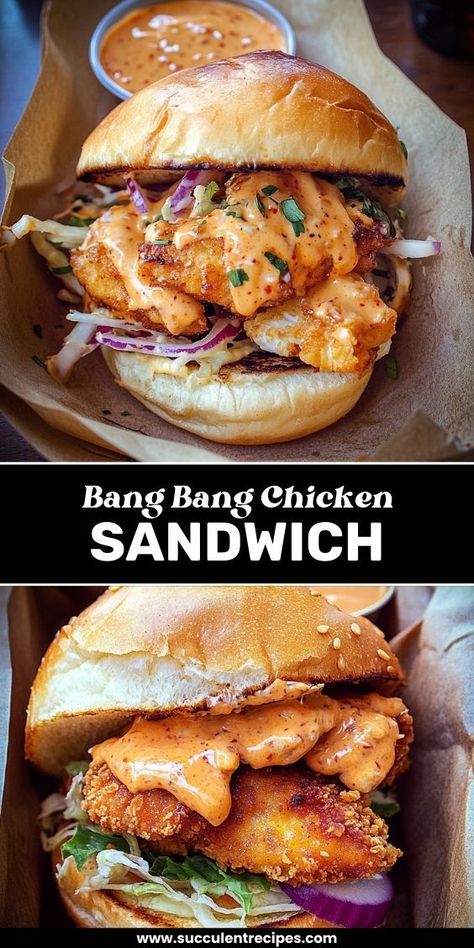 Savor the flavor with this Spicy Bang Bang Chicken Sandwich! Crispy chicken tossed in a creamy, spicy sauce, topped with fresh veggies, and served on a toasted bun for a meal that’s bursting with flavor. Big Family Gathering, Perfect Roast Turkey, Bang Bang Chicken, On A Bun, Spicy Chicken Sandwiches, Savory Sides, Buttermilk Chicken, Chicken Sandwich Recipes, Holiday Feast