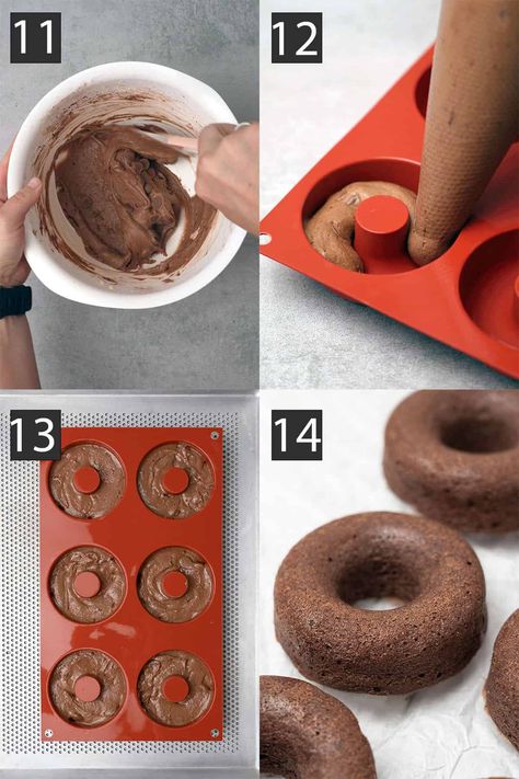 Collage of four images about the donuts process. Mixing ingredients and piping the cream into a silicone mould evenly. On the last image the baked donuts are on a white baking paper. Donut Silicone Molds Recipe, Donuts In Silicone Mold Recipe, Silicone Donut Mold Recipe, Silicone Molds Recipes, Chocolate Donuts Baked, Cake Mix Donuts, Baked Doughnut Recipes, Donut Tray, Baked Doughnuts