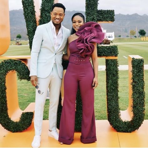 Durban July Fashion Outfit, Rock Nation Brunch, Charleston Brunch, Couple Dressing, Nomzamo Mbatha, Terrence J, African Jumpsuit, Derby Attire, Hair Spring