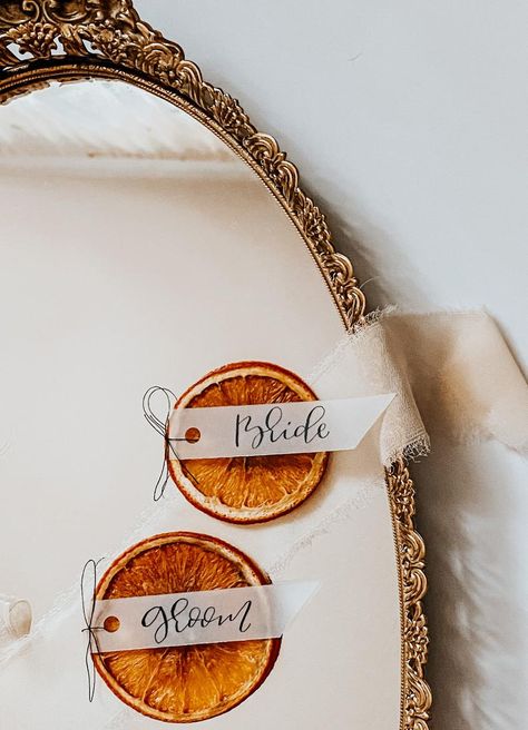 Dried Orange Wedding, Wedding Vellum, Hand Lettered Place Cards, Wedding Fruit, Handwritten Place Cards, Seating Wedding, Vellum Overlay, Wedding Reception Details, Hexagon Wedding