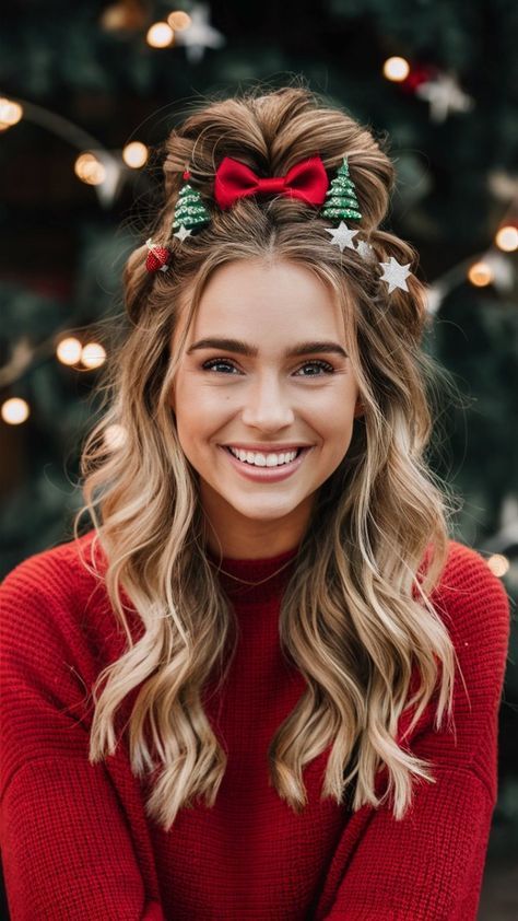 Holiday Girls Night, Cute Hair Dos, Cindy Lou Who Hair, Holiday Hair Ideas, Girly Hairstyle, Christmas Party Hair, Mood Board Winter, Whoville Hair, Christmas Hair Ideas