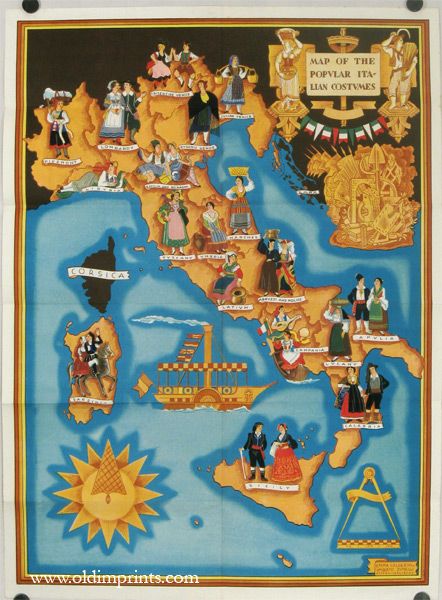 Costumi tradizionali italiani  - ENIT (Agenzia Nazionale del Turismo) - Emma Calderini - 1934 Italian Wall Decor, Italian Costume, Italy Gift, Pictorial Maps, Amazing Maps, Italian Flag, Italy Map, Historical Characters, Historical Maps