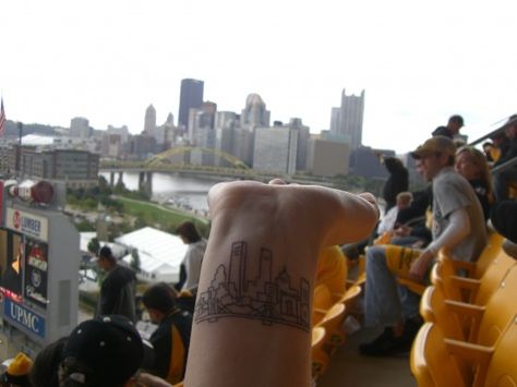 Pittsburgh City Skyline Tattoo, Pittsburgh Skyline Tattoo, Pittsburgh Tattoo Ideas, Rogue Tattoo, Pittsburgh Tattoo, Bridge Tattoo, Skyline Tattoo, Pittsburgh Skyline, Black Cat Tattoos