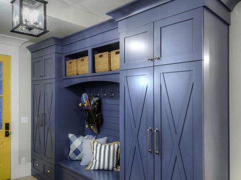 Blue built-in features a bench and storage locker type spaces for each child.    BBC custom X doors Transitional Entry, Built In Cubbies, Painted Interior Doors, Black Interior Doors, Mudroom Entryway, Cottage Style Home, Mud Room Storage, Mudroom Design, Yellow Doors