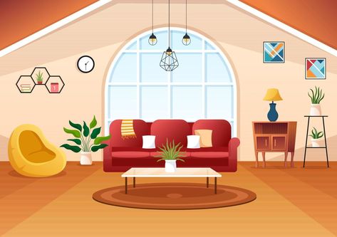 Home Decor Template Hand Drawn Cartoon Illustration The set of Furniture and Living Room Interior in Flat Style Design Living Room Clipart, Flat Vector Illustration, Comfortable Furniture, Interior Design Concepts, Flat Vector, Trendy Home, Flat Style, Flat Color, Design Concept