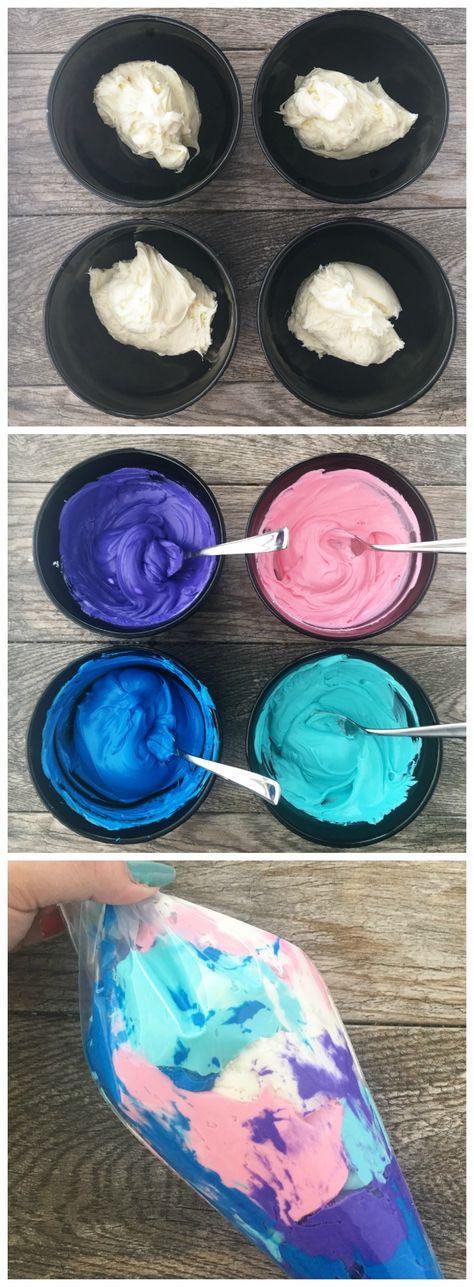 Galaxy Frosting Cupcakes, How To Make Galaxy Frosting, Diy Galaxy Cupcakes, Galaxy Party Food, Galaxy Frosting, Galaxy Cakes, Flavored Frosting, Cupcakes Amor, Galaxy Birthday Party