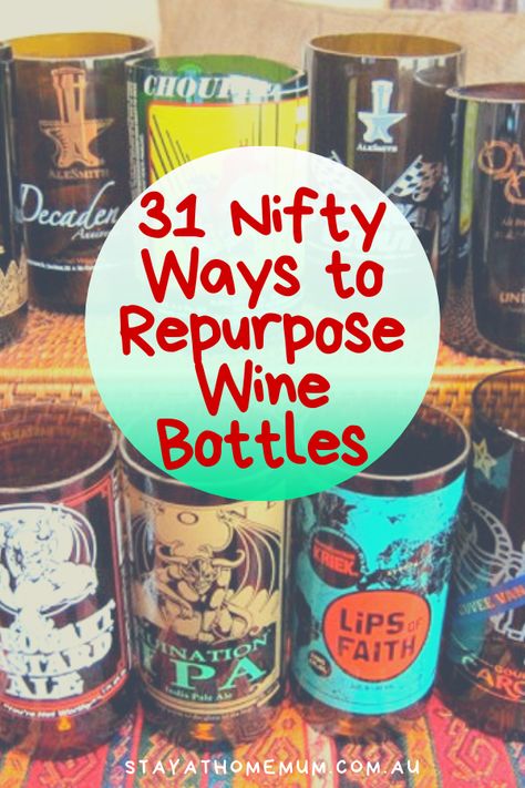 31 Nifty Ways to Repurpose Wine Bottles How To Slump Wine Bottles, Uses For Glass Bottles, Wine Bottle Lamps Ideas, Glasses Made From Wine Bottles, What To Do With Old Liquor Bottles, Liquor Bottle Display Ideas, Large Wine Bottle Crafts, Small Wine Bottle Crafts, Glass Pop Bottle Crafts