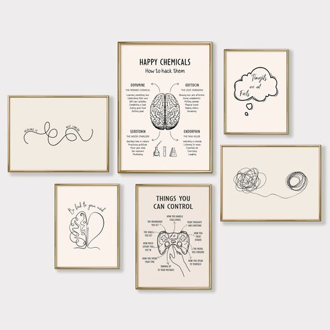 Mental Health Prints, Set of 6 Psychology Posters for Therapy Office Decor, Printable Wall Art Black, Mental Health Printables This Set of 6 Printable Posters is perfect for your therapy office, or as a self-help inspirational reminder in your home decor. You can use these beautifully designed Original Boho Art Prints to create a a corresponding atmosphere for therapy sessions with clients whether you are a therapist, counselor, teacher or a social worker.  Also makes a perfect gift for your fav Therapy Office Decor Private Practice, Cozy Therapy Office, Therapy Wall Decor, Psychology Office Decor, Health Printables, Happy Chemicals, Psychology Posters, Mental Health Clinic, Therapist Office