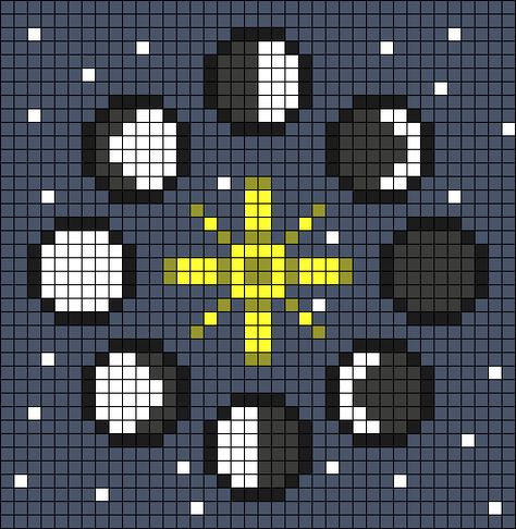 Moon Phase Pixel Art, Astrology Pixel Art, Moon Phases Pixel Art, Night Sky Crochet, Moon Perler Bead Pattern, Galaxy Pixel Art, Space Pixel Art, Moon Pixel Art, Pixel Quilts