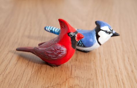 Cardinal and blue jay figurines, polymer clay by lifedancecreations.deviantart.com on @DeviantArt Polymer Clay Birds Tutorial, Cardinal Clay Earrings, Clay Cardinal, Cardinal And Blue Jay, Cardinal Polymer Clay, Birds Polymer Clay, Ceramic Cardinal, Polymer Clay Cockatiel, Clay Bird