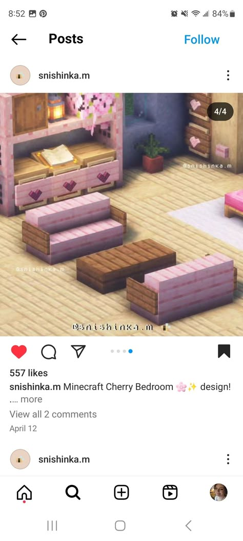 Minecraft Pink Room Ideas, Minecraft Pink Living Room, Pink Living Room Minecraft, Minecraft Princess Bedroom, Minecraft Pink Interior, Wardrobe Minecraft, Minecraft Bedroom Ideas Game Aesthetic, Pink Minecraft Room, Minecraft Pink Bedroom