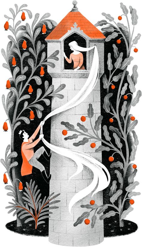 Grimm Fairy Tales Art, Fairy Tales Art, Rapunzel Book, Brothers Grimm Fairy Tales, Castle Illustration, Princess Illustration, The Brothers Grimm, Autumn Art Print, Fairy Tale Illustration