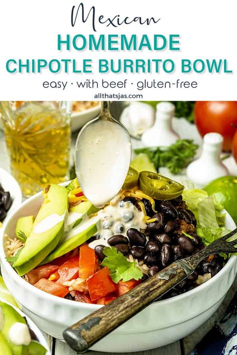 Skip the takeaway and try this homemade chipotle burrito bowl instead! Layered with rice, ground beef, beans, corn, fresh veggies, and cheese, this quick and easy burrito bowl recipe is easily customized. | allthatsjas.com | #homemade #diy #burritobowl #quickandeasy #recipes #chipotle #qdoba #healthy #best #Mexican #allthatsjas #simple #groundbeef #chipotlesauce #lowcarb #mealprep Qdoba Burrito, Chipotle Burrito Bowl Recipe, Steak Burrito Bowl Recipe, Easy Burrito Bowl, Steak Burrito Bowl, Burrito Sauce, Lazy Meals, Chipotle Corn Salsa, Chipotle Corn