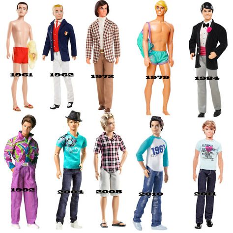 Ken doll evolution--poor Ken, he used to look like a real man, now, blech Ken Outfit Ideas, Barbie Facts, Ken Outfits, Ken Fashion, Ken Barbie, Ken Dolls, Vintage Barbies, Fall Fashion Skirts, Barbie Outfits