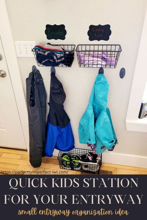 entryway organization idea for kids, kids station for your entryway.  Coat hooks at kids level, shoe storage basket, chalkboard name tags, hat and glove storage baskets, hanging storage baskets for kids gear. Front Entry Organization, Hat And Mitten Storage Entryway, Kids Coat Hooks Entryway, Hats And Gloves Storage, Kids Entryway Ideas, Kids Drop Zone, Drop Zone Ideas Small, Coat Organization, Small Mudroom Ideas Entryway