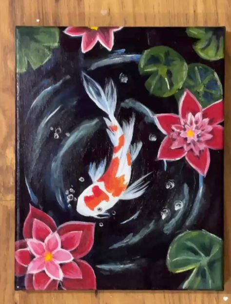 Japanese Art Easy, Easy Koi Fish Painting, Original Painting Ideas, Koi Fish Painting, Waterfall Paintings, Art Drawings Sketches Pencil, 3d Painting, Art N Craft, Fish Painting