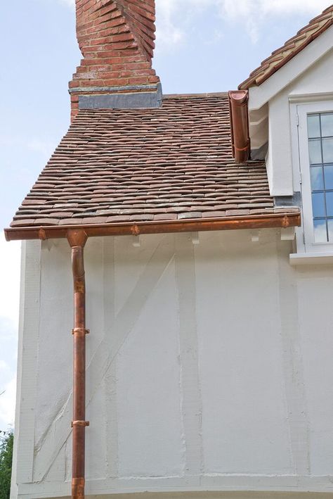 Copper Eaves Trough, Exterior Addition, Rainwater System, Sunset House, Hampshire House, Tan House, Roof Cap, California Life, Copper Gutters